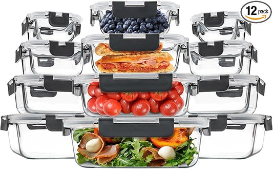 12 Pack Glass Food Storage Containers, Glass Storage Containers with Lids for Meal Prep, Lunch, Airtight, Freezer to Microwave Safe (12 Lids & 12 Containers)-GravixFit