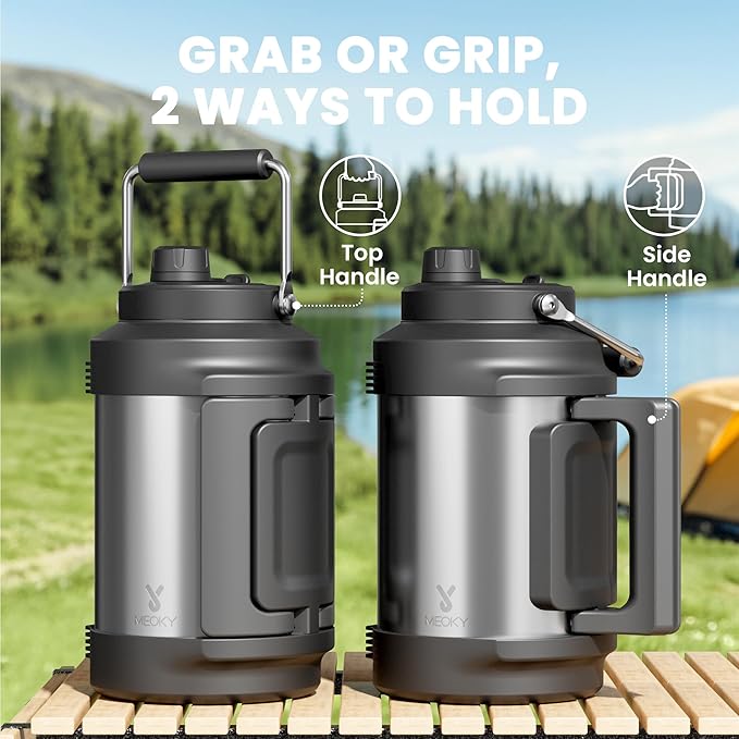 Meoky 1 Gallon Insulated Water Bottle for Travel 128 oz Triple Wall Vacuum Stainless Steel Water Jug - Top and Side Handles, Cold for 48 Hrs, 2-in-1 Straw and Spout Lid, Leak Proof for Work (Silver)-GravixFit