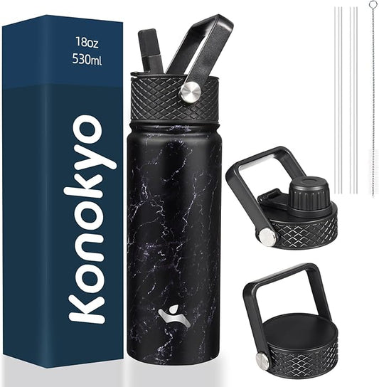 18 oz Insulated Water Bottle Stainless Steel Sport Bottles with 3 Lids,Marble Midnight-GravixFit