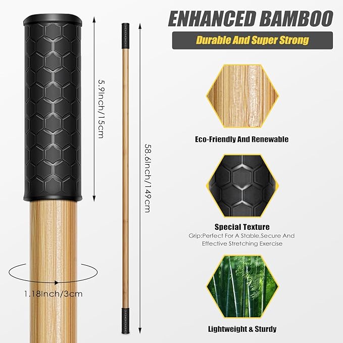 Bamboo Stretch Yoga Stick, 5ft/149 cm, Flexibility Stick for Physical Therapy, Premium Yoga Dowel with Super Sturdy Rubber Handle Ends, Exercise Bar for Posture Corrector-GravixFit