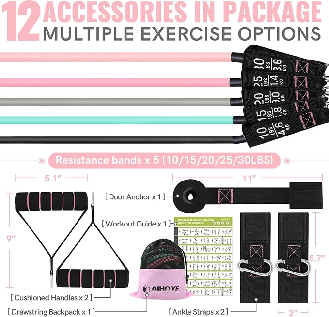 Aihoye Resistance Bands for Working Out, Exercise Bands with Handles, Stretch Bands for Exercise, Workout Bands with Door Anchors for Physical Therapy & Strength Training-GravixFit