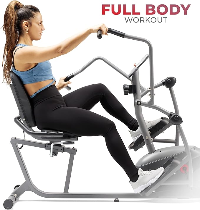Sunny Health & Fitness Smart Recumbent Bike, Full-Body Home Training with Arm/Leg Exercisers, Indoor Cycling Workout Machine Plus Adjustable Seat & Bulit-in Pulse Sensors, Free SunnyFit App Connection-GravixFit
