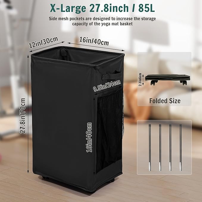 Yoga Mat Storage Racks, Home Gym Storage Rack with Wheels, Yoga Mat Holder Side 2 Mesh Pockets, Yoga Storage Basket Holds 4 Yoga Mats, 2 Foam Rollers, 6 Resistance Bands-GravixFit