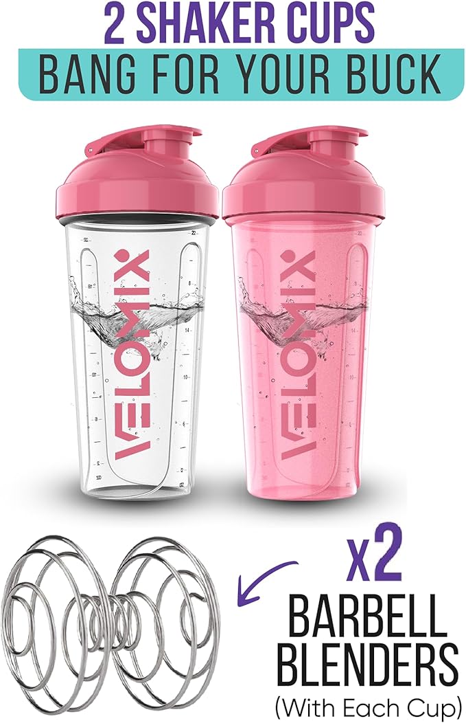 '-2 Pack- 28 oz Protein Shaker Bottles for Protein Mixes - 2x Wire Whisk | Leak Proof Shaker Cups for Protein Shakes | Protein Shaker Bottle Pack (Pink/Transparent)-GravixFit