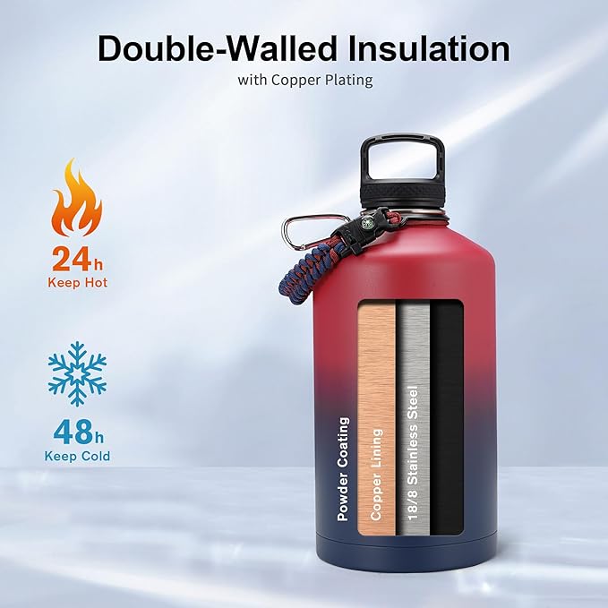 Trebo 1 Gallon Water Bottle Insulated with Paracord Handle and Straw,128oz Vacuum Double Wall Stainless Steel Large Jug,Keep Ice Cold 48hrs, Leakproof Sports Gym Flask for Men Women, Ruby Red-GravixFit