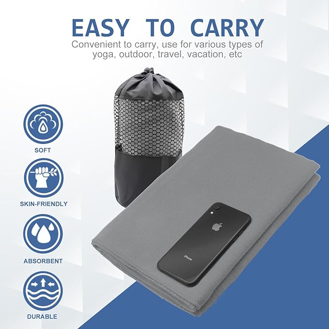 Eunzel Yoga Towel,Hot Yoga Mat Towel with Grip Dots Sweat Absorbent Non-Slip for Hot Yoga, Pilates and Workout 24" x72", Dark Gray-GravixFit
