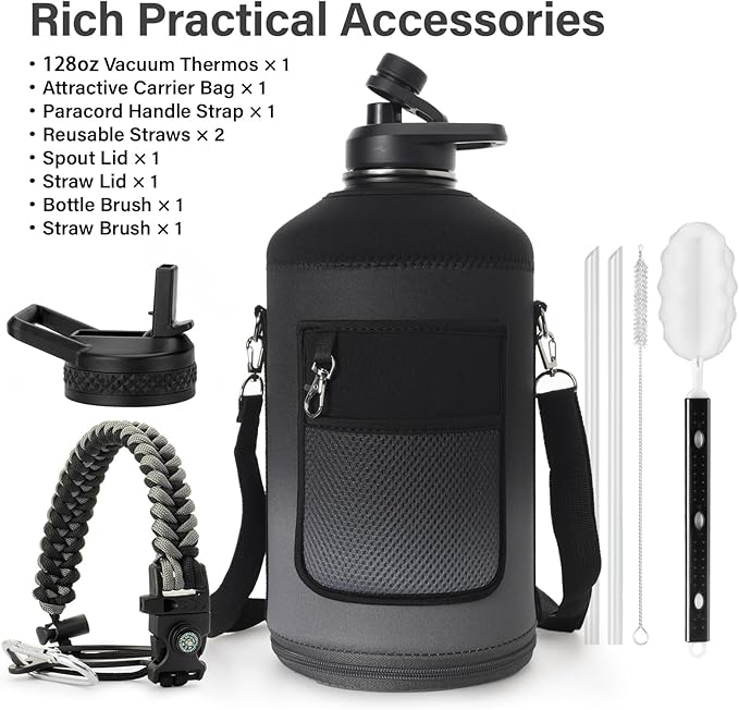 1 Gallon Water Bottle Insulated | Thickened Stainless Steel Vacuum Metal Water Jug | Portable Sports Large for Gym and Hiking with Straw, Carrier Bag, Handle Strap | BPA-Free 128 oz-GravixFit