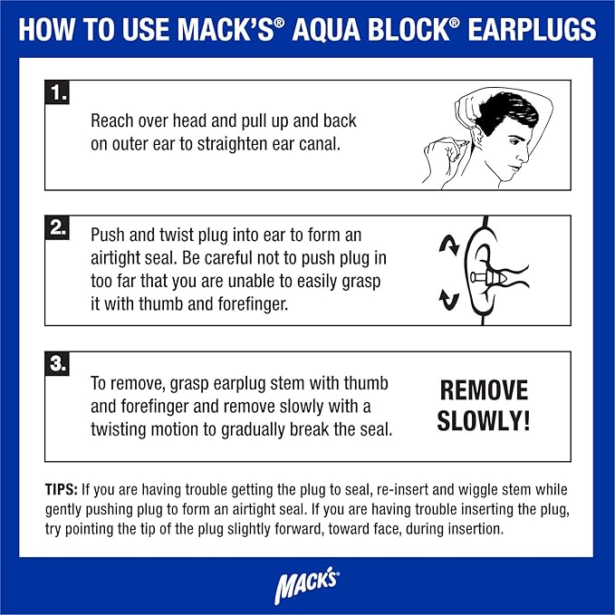 Mack's AquaBlock Swimming Earplugs, 3 Pair - Comfortable, Waterproof, Reusable Silicone Ear Plugs for Swimming, Snorkeling, Showering, Surfing and Bathing (Clear)