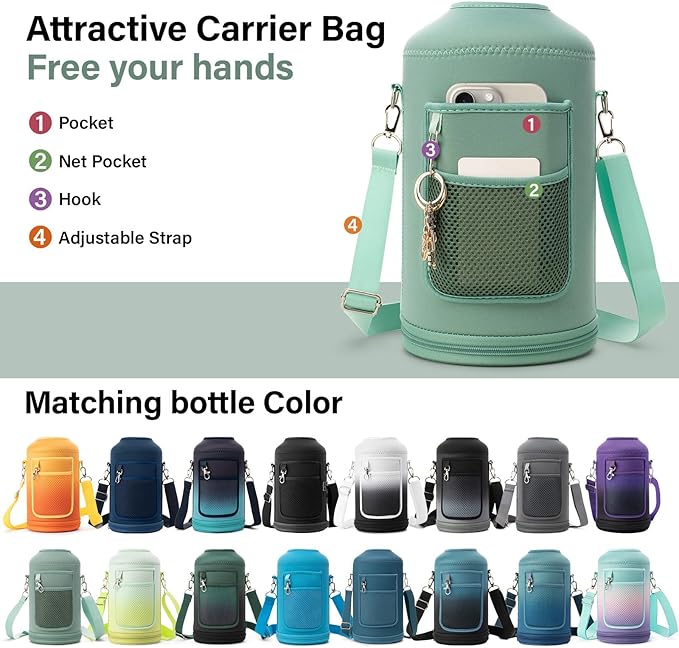1 Gallon Water Bottle Insulated | Thickened Stainless Steel Vacuum Metal Water Jug | Portable Sports Large for Gym and Hiking with Straw, Carrier Bag, Handle Strap | BPA-Free 128 oz-GravixFit