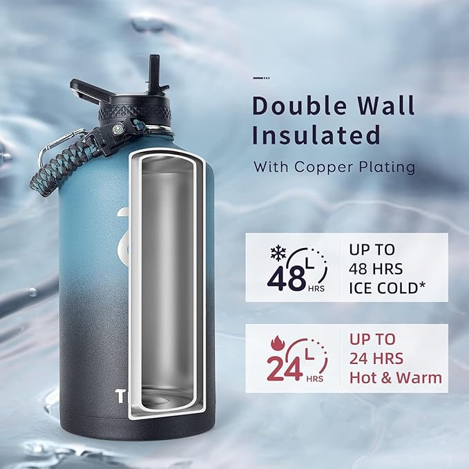 Trebo One Gallon Water Bottle Insulated with Paracord Handle,128oz Large Stainless Steel Water Jug,Vacuum Double Wall Insulated 24hr Cold Retention,Leakproof Flask with 3 Lids,Indigo Black-GravixFit