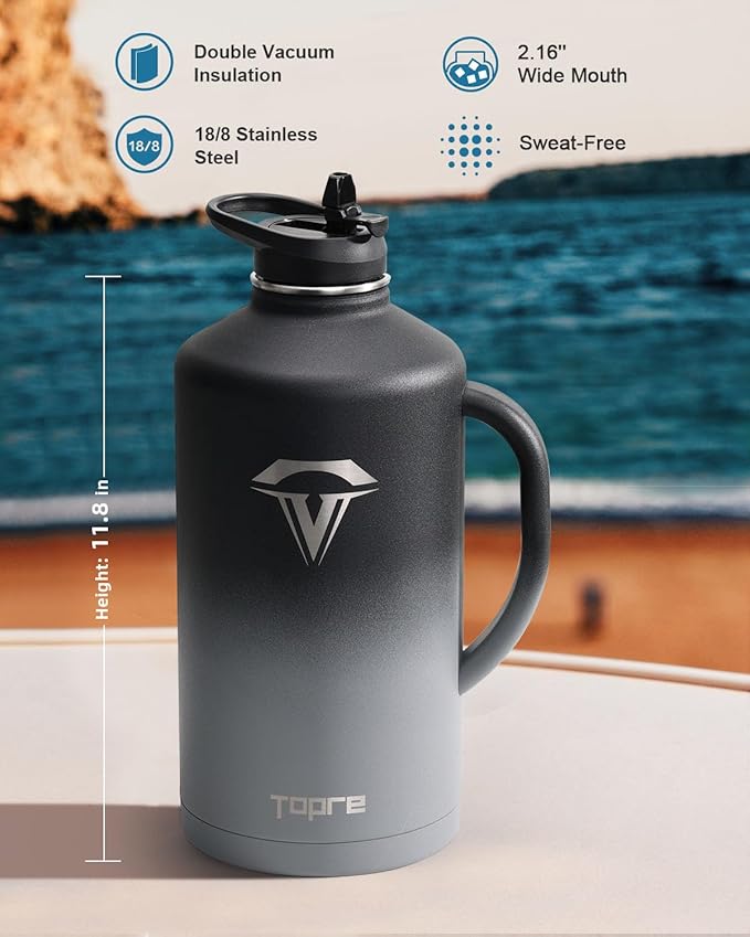 128 oz Insulated Water Bottle with Straw and Lid, One Gallon Stainless Steel Cup with Handle,Leakproof Metal Travel Jug Flask Mug Tumbler Cup With Carry Pouch and Brush,Keep Cold & Hot,Grey-GravixFit