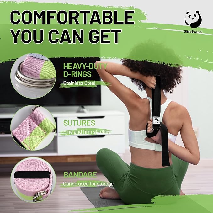 Slim Panda Yoga Strap for Stretching,Cotton Yoga Strap with Adjustable D-Ring Buckle,Non-Elastic Yoga Belt for Pilates,Gym Workouts,Physical Therapy,Improve Flexibility-GravixFit