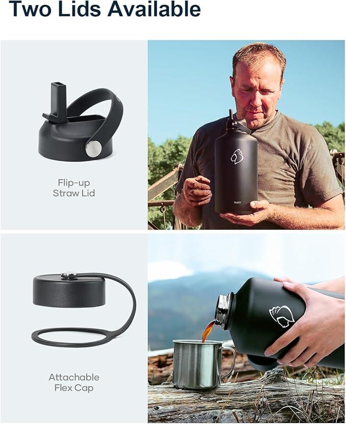 BUZIO 1 Gallon Water Jug with Straw Handle Lid, 128oz Water Bottle Stainless Steel Double Wall Hydro Jug 18/8 Food Grade Thermo Mug Keep Cold 48H & Hot 24H, Black-GravixFit