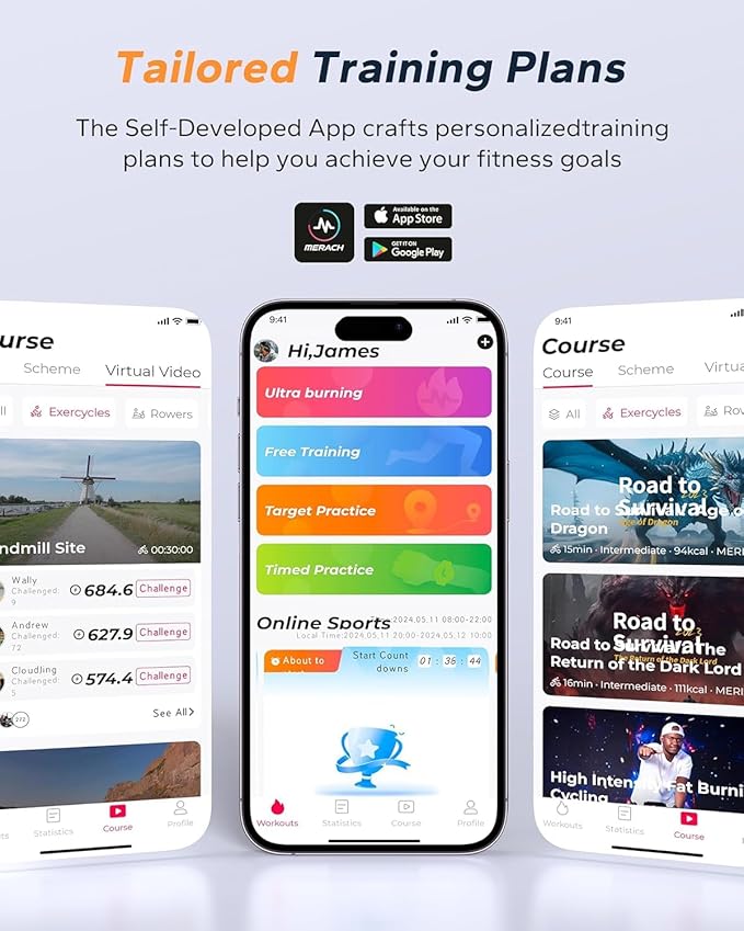 MERACH Exercise Bike, Brake Pad Stationary Bike with Exclusive App, Low Noise Indoor Cycling Bike with 300lbs Weight Capacity, Tablet Mount and Fitness Courses for Weight Loss-GravixFit