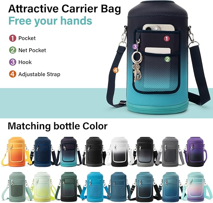 1 Gallon Water Bottle Insulated | Thickened Stainless Steel Vacuum Metal Water Jug | Portable Sports Large for Gym and Hiking with Straw, Carrier Bag, Handle Strap | BPA-Free 128 oz-GravixFit