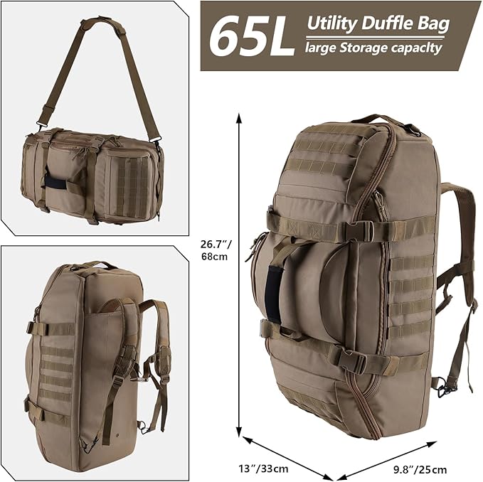 65L Large Duffle Bag, 3-in-1 Tactical Backpack MOLLE Pack for Sports, Gym, Outdoor, Coyote-GravixFit