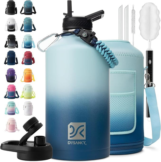 1 Gallon Water Bottle Insulated | Thickened Stainless Steel Vacuum Metal Water Jug | Portable Sports Large for Gym and Hiking with Straw, Carrier Bag, Handle Strap | BPA-Free 128 oz-GravixFit
