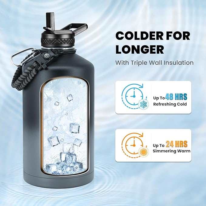 One Gallon Water Bottle Insulated, Triple Walled Vacuum Stainless Steel (Cold for 48 Hrs), Leak Proof & Non-BPA, Large Water Flask Jug with Paracord Handle & Straw Spout Lids-GravixFit