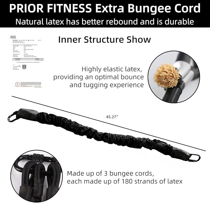 PRIOR FITNESS Premium Bungee Cord, Heavy Duty Bungee Fitness Cord,110-176Pounds Resistance Cord Elastic Rope Suspension Workout Fitness Bands for Exercise at Home Gym Include ONLY 1* Extra Bungee Cord-GravixFit