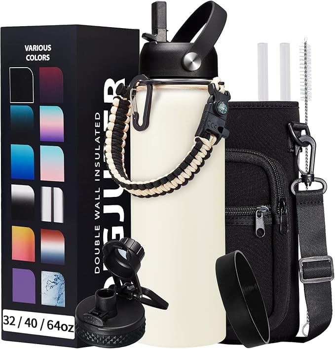 40oz Insulated Water Bottle - w/Straw Spout Lid, Bottle Holder with Strap, Paracord Handle, Protective Bottom Boot, Stainless Steel Metal Thermo Jug Flask Cold 48h & Hot 24h, Cream White-GravixFit