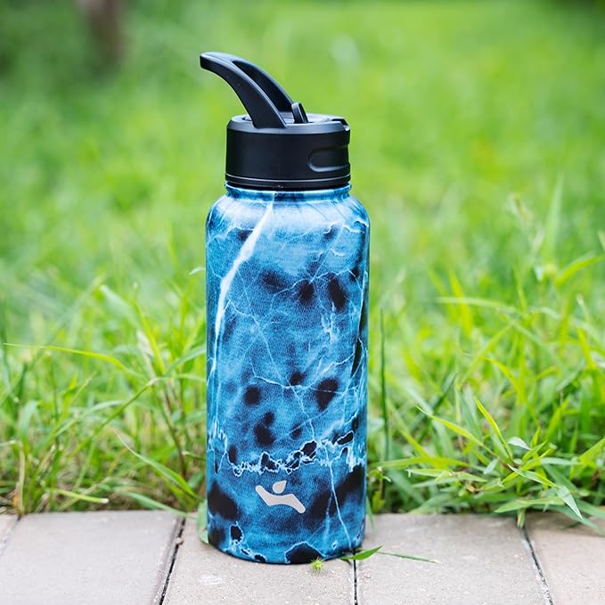 18 oz Insulated Water Bottle Stainless Steel Sport Bottles with 3 Lids,Marble Ocean-GravixFit