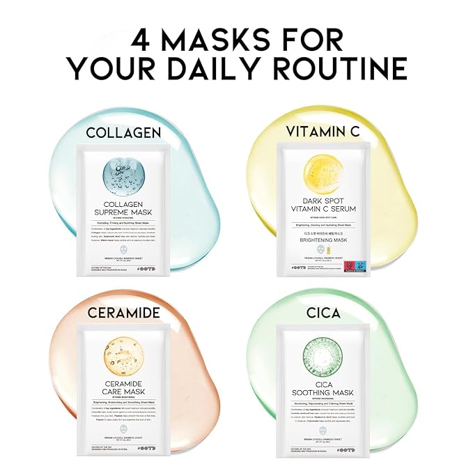 #OOTD Face Mask Korean Skincare for Dry Sensitive Skin | Hydrating, Revitalizing, Calming, Collagen, Ceramide, Cica, Vitamin C Serum Sheet Masks (12EA)-GravixFit