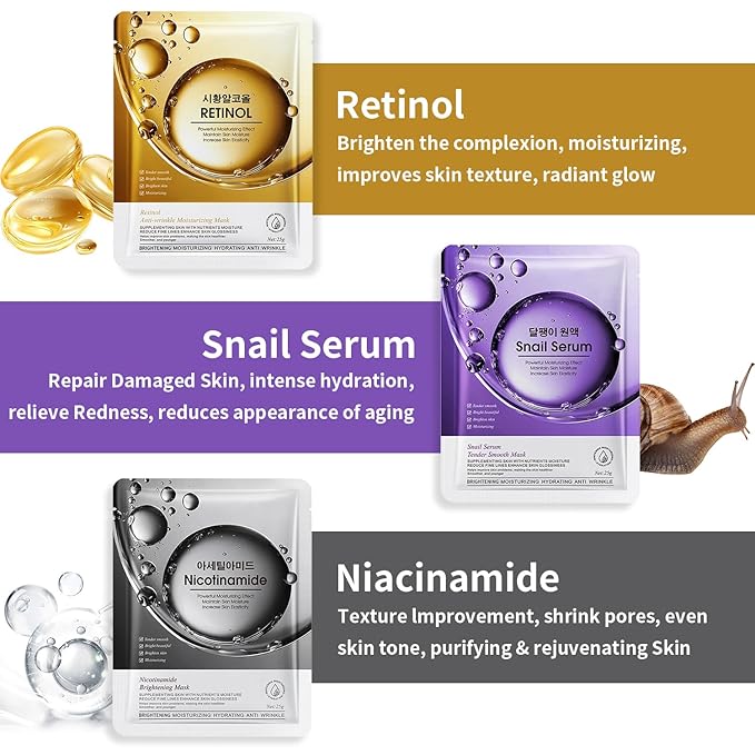 12 Pack Sheet Face Masks Skincare (Collagen, Hyaluronic acid, Snail, Retinol, Vitamin C, Niacinamide) Collagen Face Mask Hydrating Face Masks for Women Skin Care, Moisturizing, Brightening, Anti-Aging-GravixFit