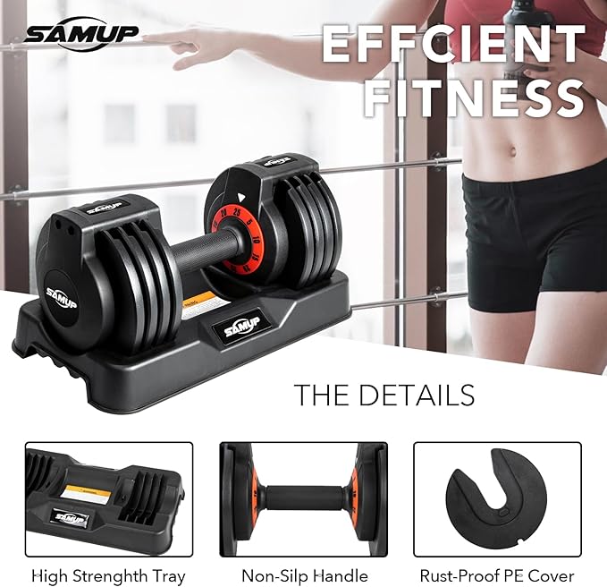 25/55 lbs Pair Adjustable Dumbbells Set, Adjustable Weights Dumbbells Set for Men and Women with Anti-Slip Fast Adjust Weight by Turning Handle,Black Dumbbell with Tray-GravixFit
