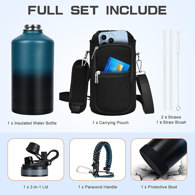 1 Gallon Water Bottle Insulated, Leak Proof 128 oz Stainless Steel Water Jug with Straw/Spout 2-in-1 Lid, Sleeve, Paracord Handle, Silicone Boot, One Gal Metal Canteen for Gym Sport Camping-GravixFit