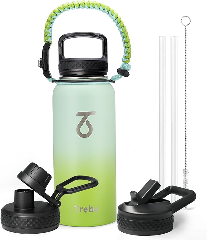 Trebo 32 oz Water Bottle Insulated with Lid and Straw, Double Wall Vacuum Stainless Steel Sports Flask with Paracord Handle, Keep Hot 24 Hours & Cold 48 Hours Water Cup with 3 Lids, Dark Green-GravixFit