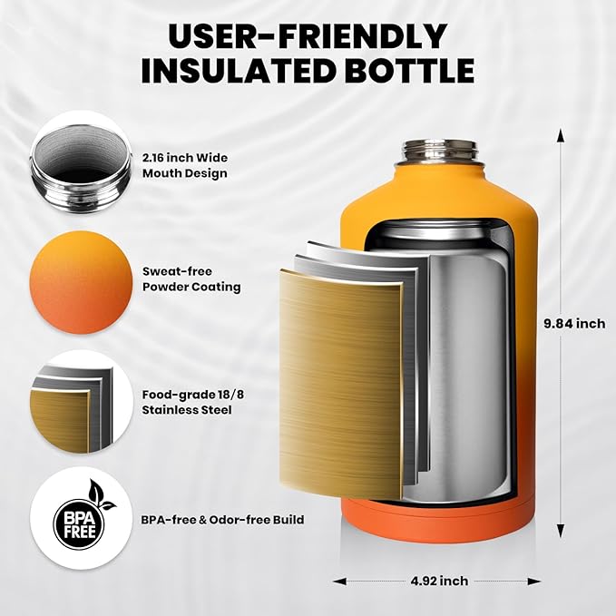 Insulated Water Bottle 64 oz, Triple Wall Vacuum Stainless Steel (Cold for 48 Hrs), Leak Proof & Non-BPA, Half Gallon Water Flask Jug with Paracord Handle & Straw Spout Lids, Ombre Orange-GravixFit