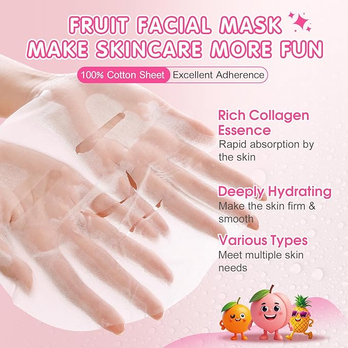 14 Pack Fruit Face Masks Skincare for Kids, Sheet Hydrating Facial Mask for All Skin Types, Bulk Collagen Face Mask for Women Skin Care, Birthday Party Spa Gifts for Teens Girls-GravixFit