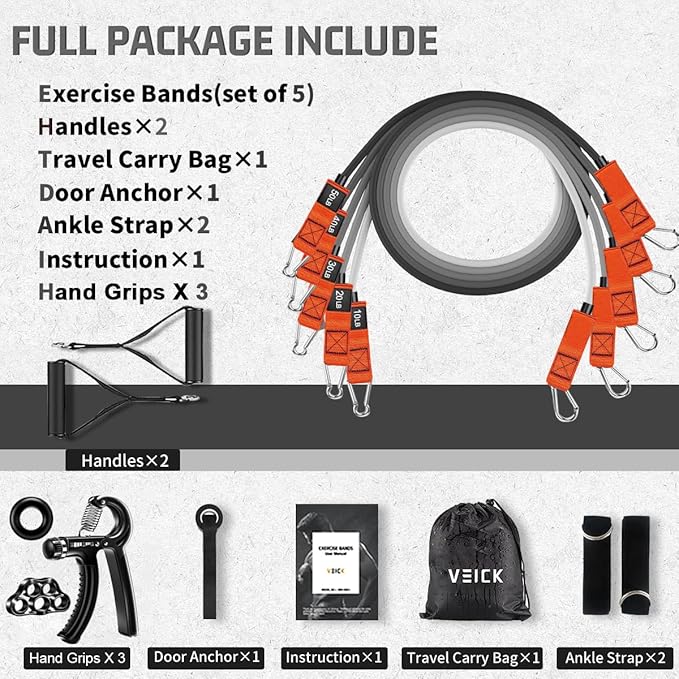 VEICK Resistance Bands, Exercise Bands for Working Out with Handles, Elastic Workout Bands for Men Women, Exercising Bands for Strength Training Equipment at Home Gym-GravixFit