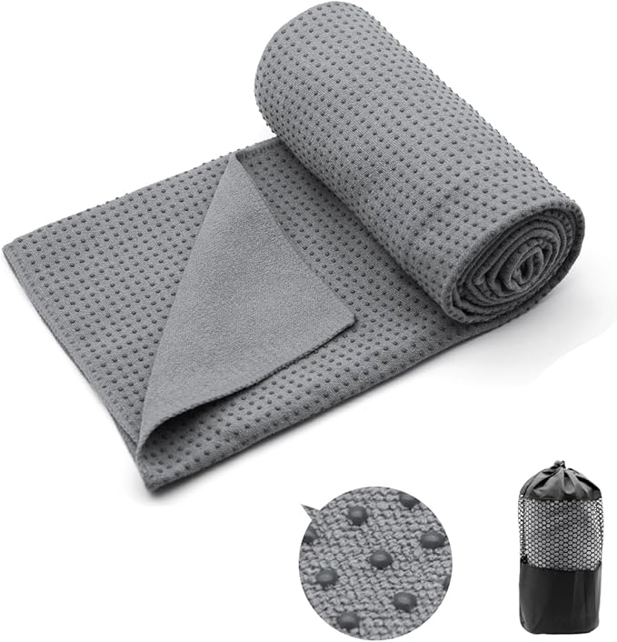 Eunzel Yoga Towel,Hot Yoga Mat Towel with Grip Dots Sweat Absorbent Non-Slip for Hot Yoga, Pilates and Workout 24" x72", Dark Gray-GravixFit