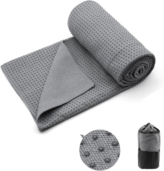 Eunzel Yoga Towel,Hot Yoga Mat Towel with Grip Dots Sweat Absorbent Non-Slip for Hot Yoga, Pilates and Workout 24" x72", Dark Gray-GravixFit
