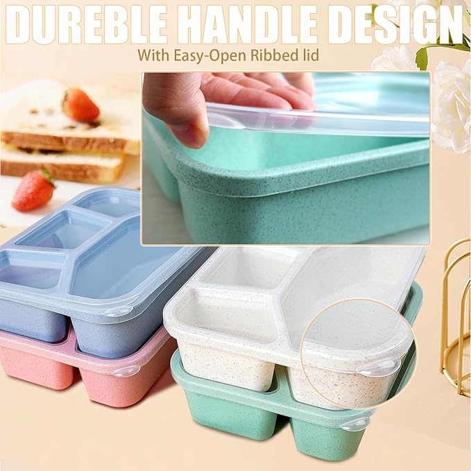 15 PCS Bento Box, 4 Compartment Bento Box Adult Set, Wheat Straw Bento Lunch Box, Reusable Lunch Snack Box, Microwave, Dishwasher and Freezer Safe Meal Prep Containers for Work, School and Travel-GravixFit