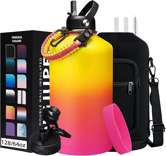 1 Gallon Insulated Water Bottle - with Straw & Auto Chug Lid, Paracord Handle, Bottle Sleeve, 128 oz Stainless Steel Water Bottle, Large Metal Gallon Water Jug Canteen for Sport Work-GravixFit