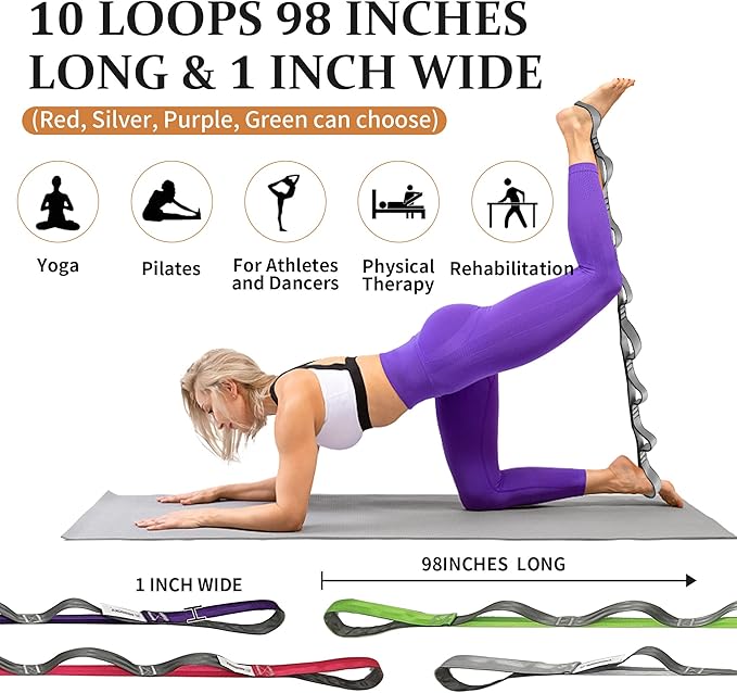 Stretching Strap Yoga Strap, 10 Loops Non-Elastic Stretch Bands Helps Women and Men Improve Flexibility for Home Workout, Physical Therapy, Pilates, Exercise, Dance, Comes with Door Anchor-GravixFit