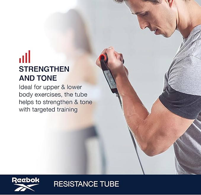 Reebok Resistance Tube Full Body Workout, Warm-Up & Strength Training Resistance Bands with Handles, Non-Slip Stretch Bands for Exercise, Fitness Bands for Men & Women-GravixFit