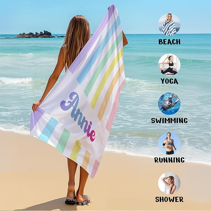 JML Personalized Beach Towel with Name, Custom Rainbow Cabana Stripe Beach Towel, Customized Microfiber Pool Towel, Quick Dry & Absorbent Swim Towel for Adult,Anniversary, Birthday, Summer Holiday-GravixFit