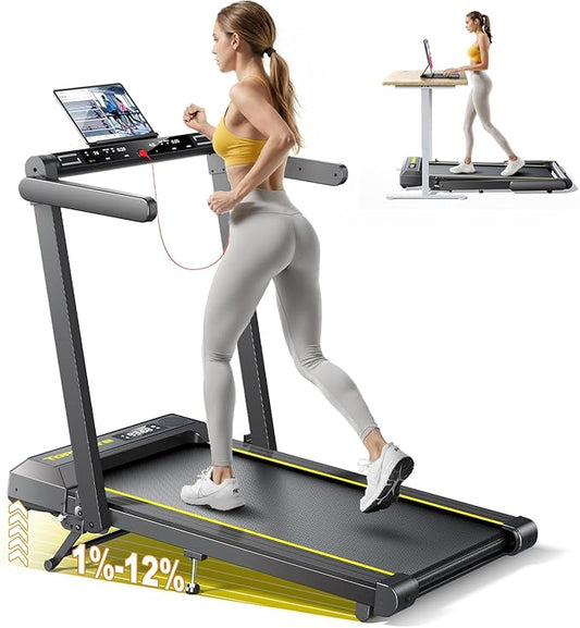 Walking Pad Treadmill with 12% Incline, 4 in 1 Folding Treadmill for Home/Office with Handle Bar, 2.5HP Under Desk Treadmills Portable Walking Pad with App & Bluetooth Speaker, 0.6-10MPH-GravixFit