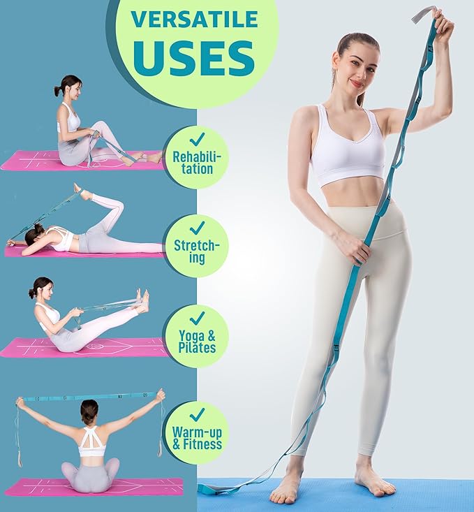 HiRui Stretching Strap Yoga Strap with Door Anchor, 14-Loops Non-Elastic Stretch Straps for Physical Therapy, Pilates, Dance, Gymnastics | Stretch Band with Workout Guide for Women & Men-GravixFit