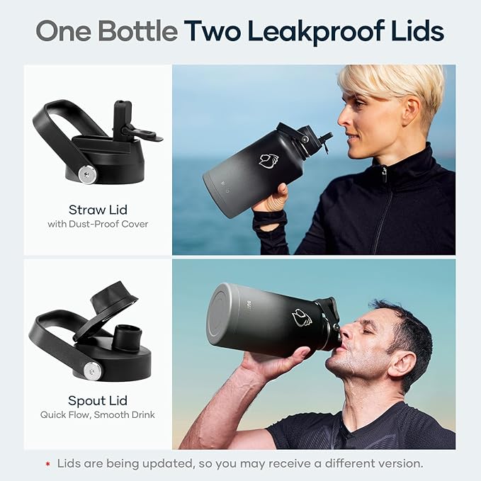 Insulated Water Bottle 64 oz with Straw Lid and Flex Lid, BUZIO 64oz Stainless Steel Water Bottle Half Gallon Jug Flask, Double Wall Vacuum Sports Thermo Mug, Cold Hot Hydro Metal Canteen-GravixFit