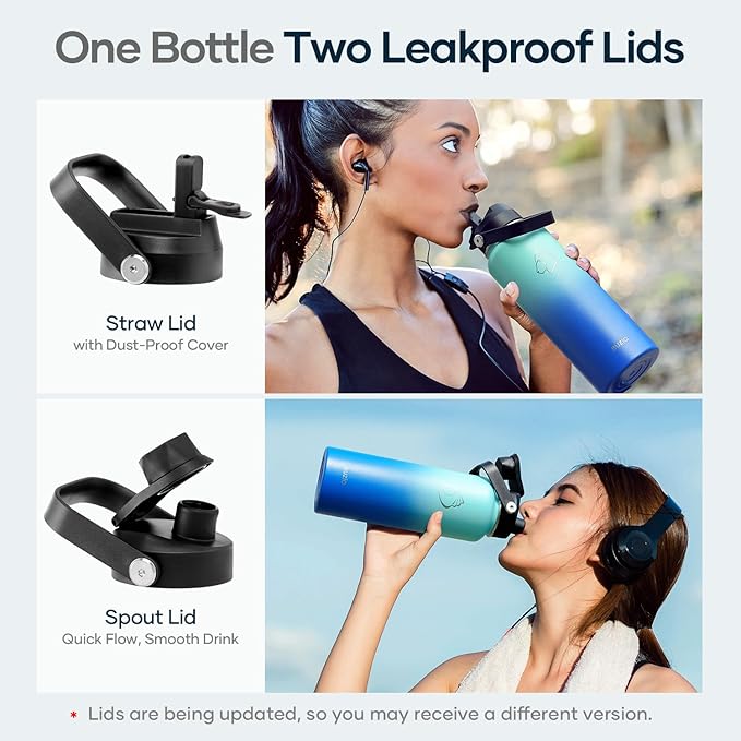 BUZIO Double Wall Stainless Steel Sports Wide Mouth Water Bottle, BPA-Free Flex Cap and Straw Lid, 40 Ounces & 32 Ounces Water Bottle, Sea Breeze-GravixFit