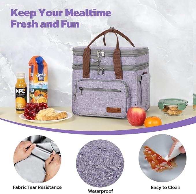Maelstrom Lunch Bag Women,23L Insulated Lunch Box For Men Women,Expandable Double Deck Cooler Bag With Side Tissue Pocket,Lavender-GravixFit