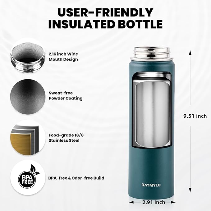 Insulated Water Bottle 20 oz, Triple Wall Vacuum Stainless Steel (Cold for 48 Hrs), Leak Proof & Non-BPA, Kids Water Bottle Jug for School with Straw Spout Lids, Dark Green-GravixFit
