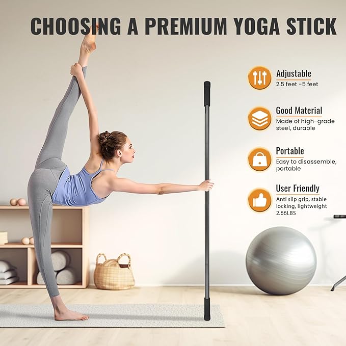 Yoga Stick 5ft Mobility Stick, Sturdy Steel Exercise Bar Adjustable Stretching Stick for Mobility, Training, Flexibility and Balance, Versatile Stretch Bar with 4 Steel Rods & Foam Handles-GravixFit