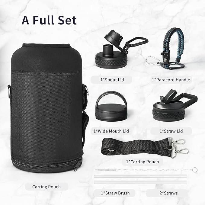 Trebo One Gallon Water Bottle Insulated with Paracord Handle,128oz Large Stainless Steel Water Jug,Vacuum Double Wall Insulated 24hr Cold Retention,Leakproof Flask with 3 Lids,Indigo Black-GravixFit