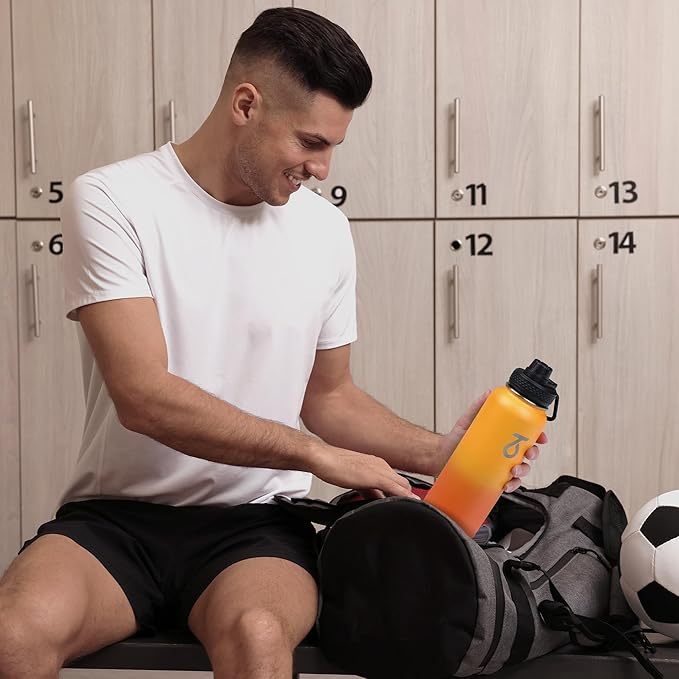 Trebo 32oz Water Bottle Insulated with Lid and Straw,Double Wall Vacuum Stainless Steel Metal Tumbler Sports Flask with Paracord Handle, Keep Hot 24 Hours & Cold 48 Hours Water Cup with 3 Lids, Orange-GravixFit