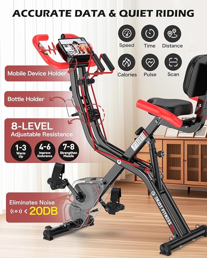 pooboo Folding Exercise Bike, Foldable Upright Stationary Bike, Indoor Cycling Magnetic X-Bike with 8-Level Adjustable Resistance, 6.6 LBS Flywheel, 300LB Capacity, Bottle Holder & Back Support Cushion for Home Gym